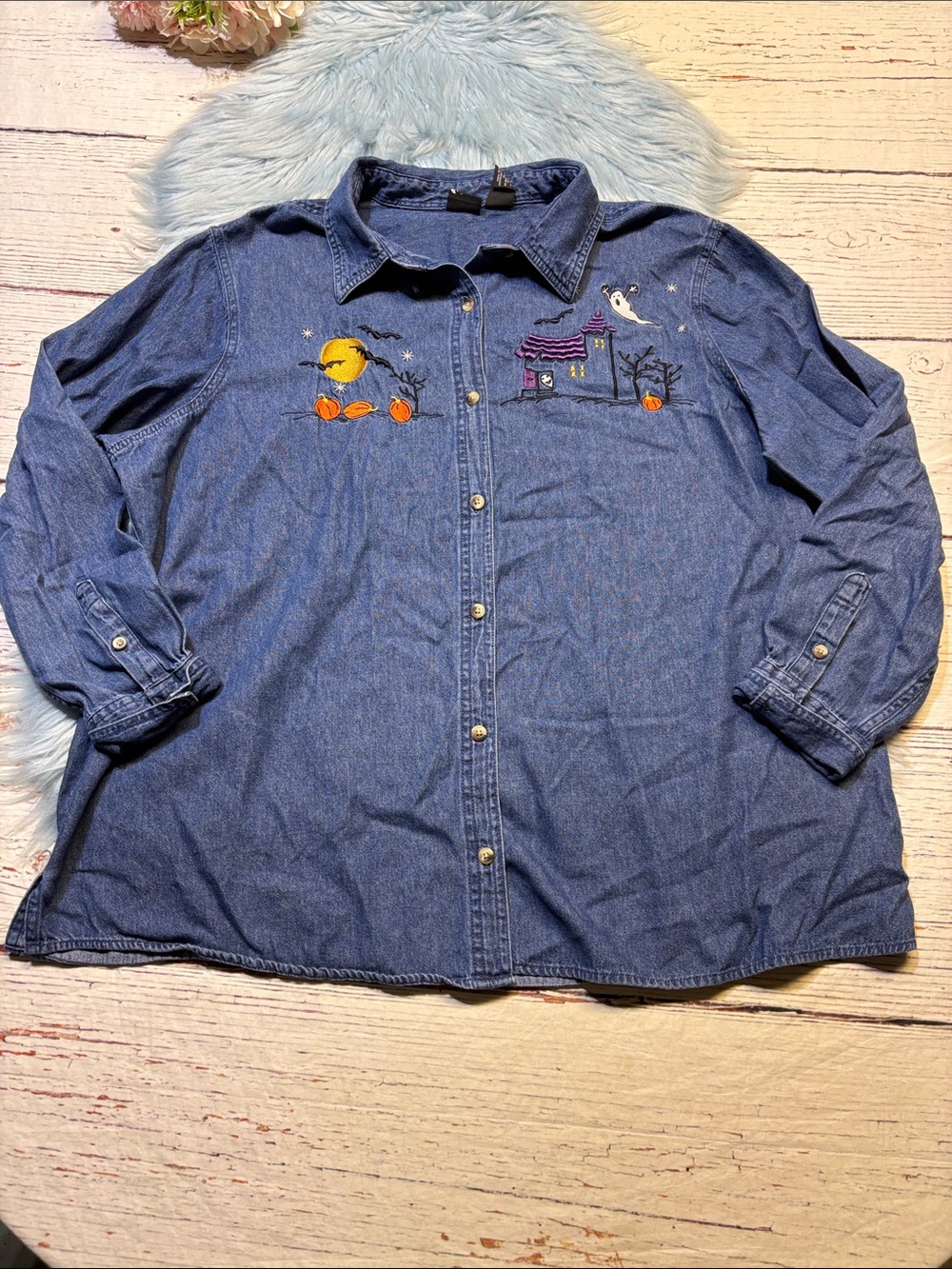 Vintage 90’s Holiday Editions Halloween Embroidered Blue Denim Button-Up Shirt